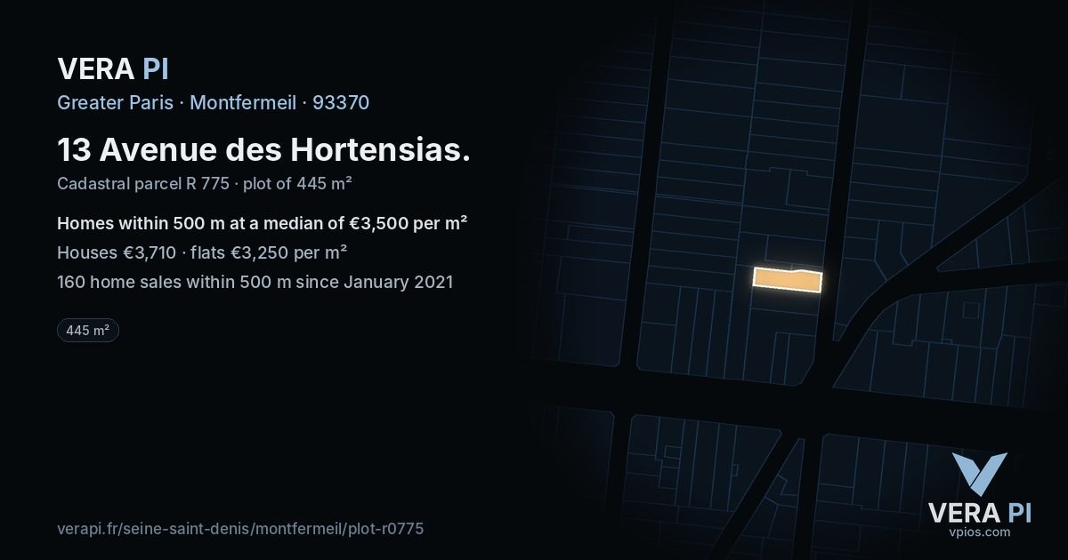 13 Avenue des Hortensias, Montfermeil at night – the plot lit, the parcels around coloured by the prices near them