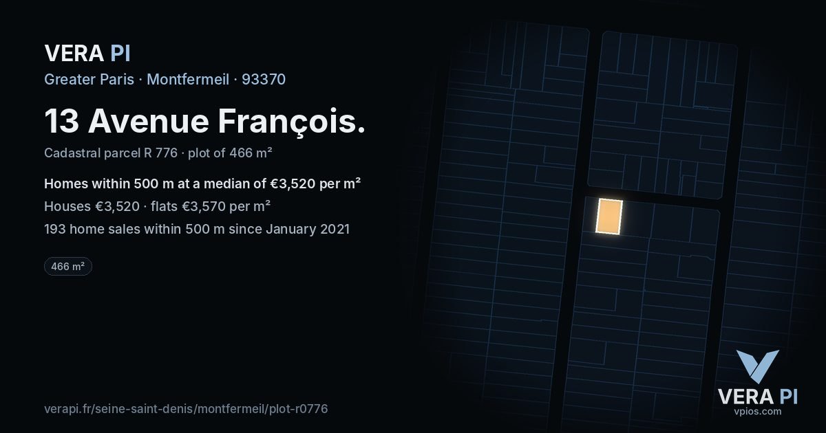 13 Avenue François, Montfermeil at night – the plot lit, the parcels around coloured by the prices near them