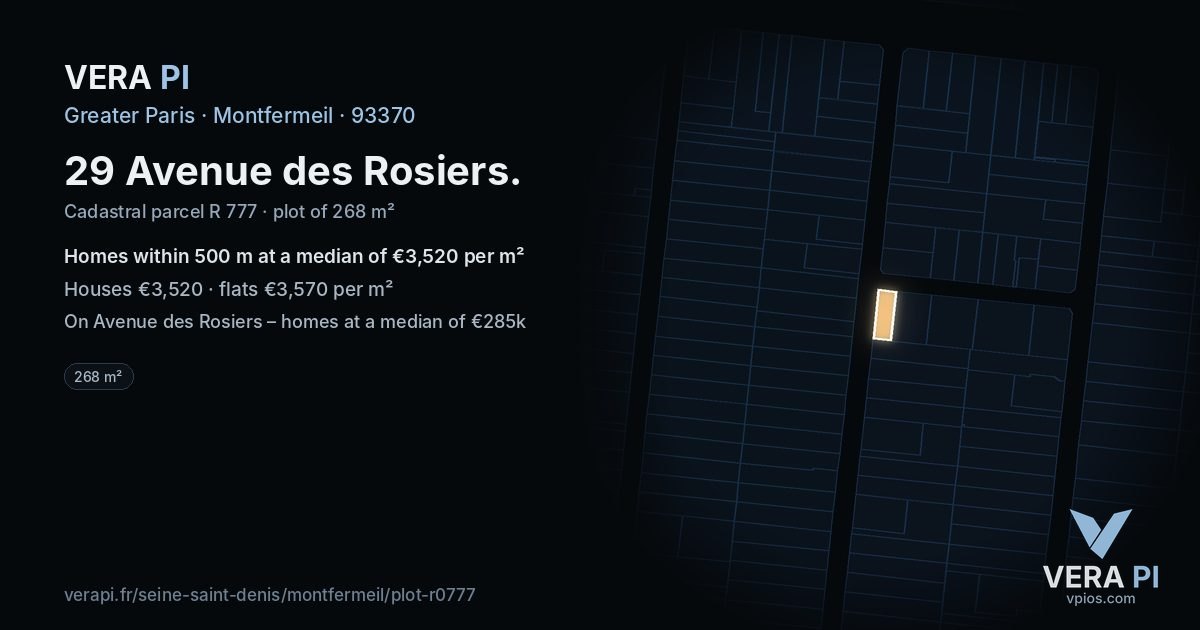 29 Avenue des Rosiers, Montfermeil at night – the plot lit, the parcels around coloured by the prices near them