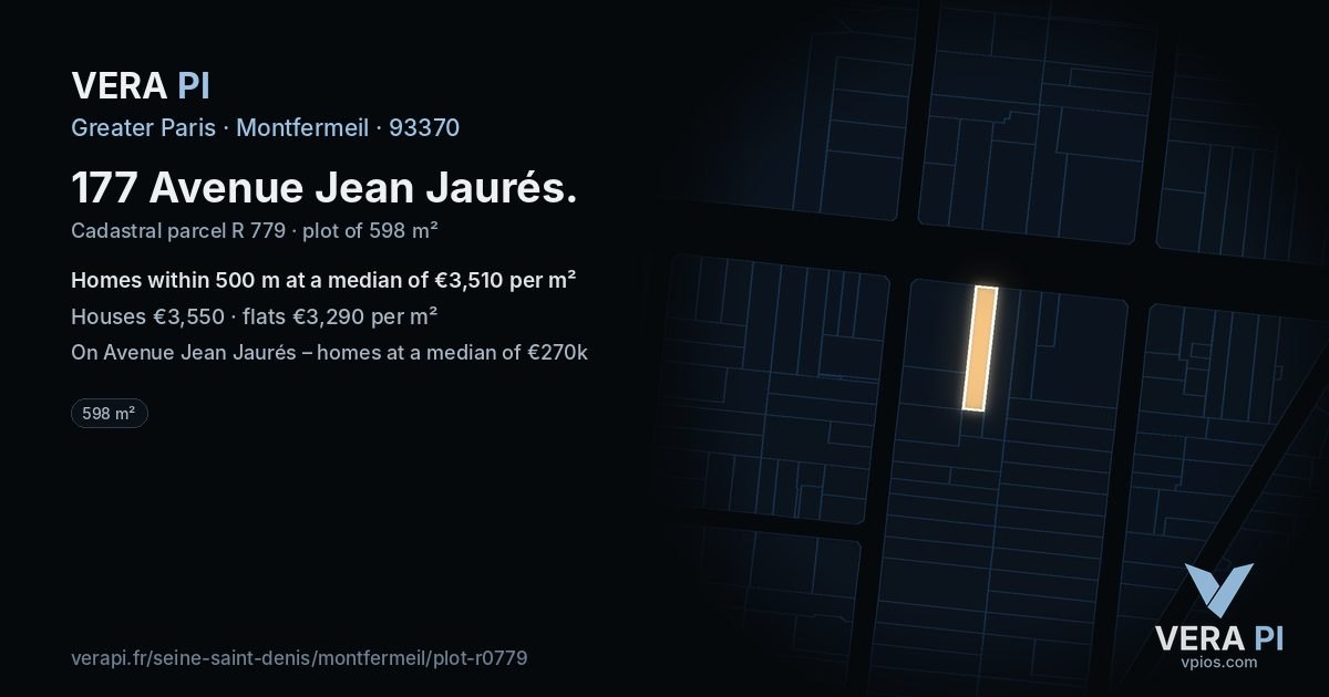 177 Avenue Jean Jaurés, Montfermeil at night – the plot lit, the parcels around coloured by the prices near them
