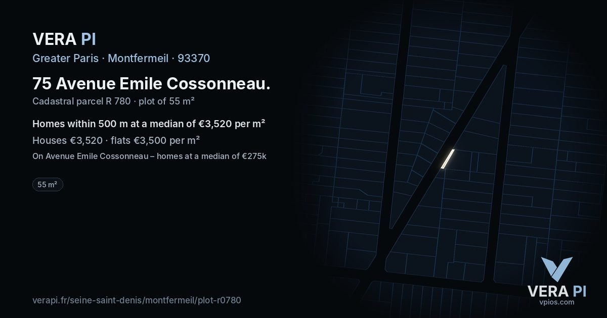 75 Avenue Emile Cossonneau, Montfermeil at night – the plot lit, the parcels around coloured by the prices near them