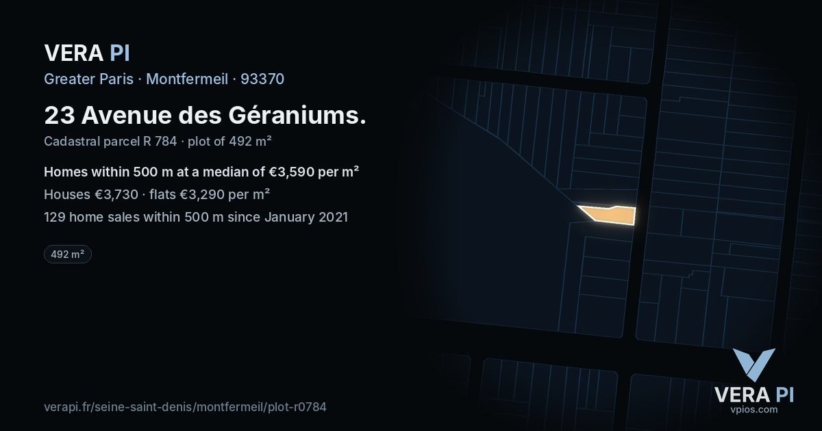 23 Avenue des Géraniums, Montfermeil at night – the plot lit, the parcels around coloured by the prices near them