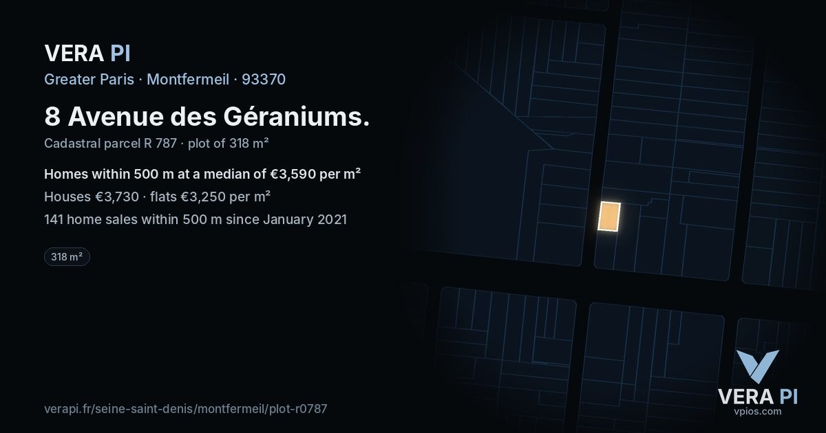 8 Avenue des Géraniums, Montfermeil at night – the plot lit, the parcels around coloured by the prices near them