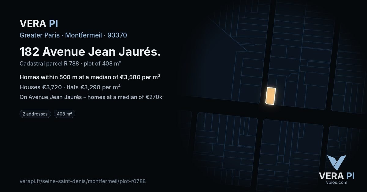 182 Avenue Jean Jaurés, Montfermeil at night – the plot lit, the parcels around coloured by the prices near them