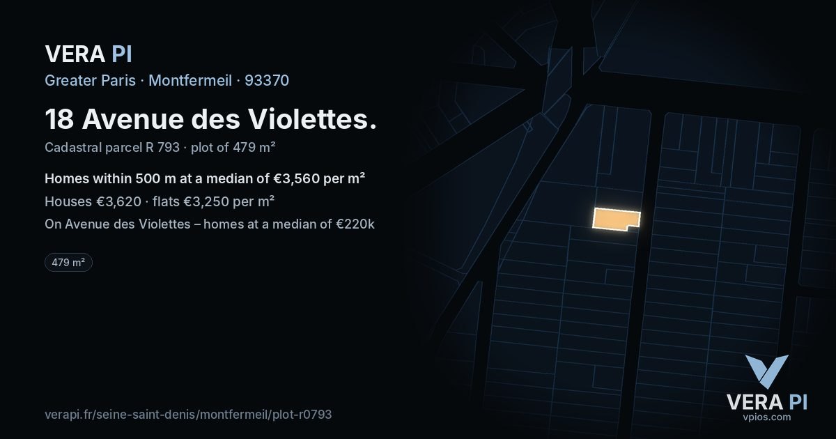 18 Avenue des Violettes, Montfermeil at night – the plot lit, the parcels around coloured by the prices near them