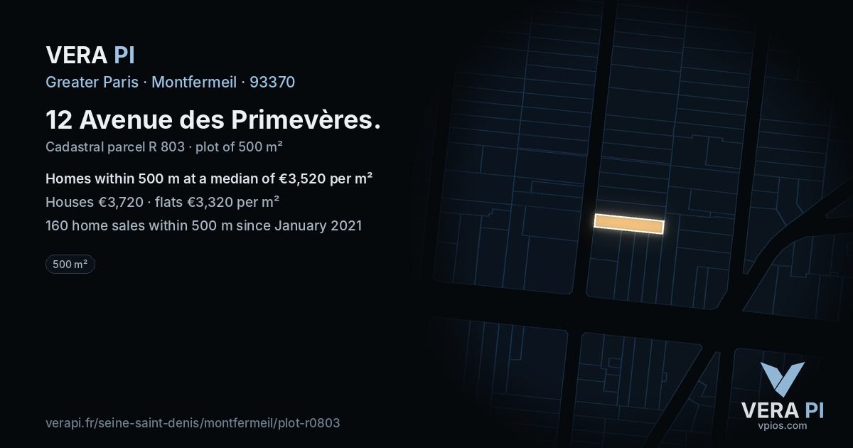 12 Avenue des Primevères, Montfermeil at night – the plot lit, the parcels around coloured by the prices near them