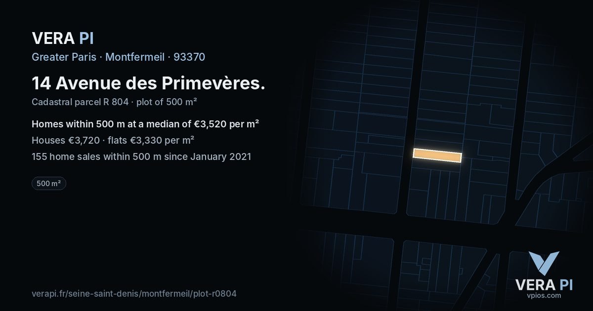 14 Avenue des Primevères, Montfermeil at night – the plot lit, the parcels around coloured by the prices near them