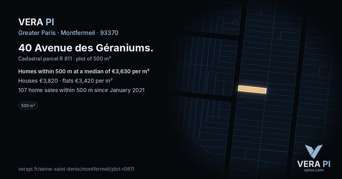 40 Avenue des Géraniums, Montfermeil at night – the plot lit, the parcels around coloured by the prices near them