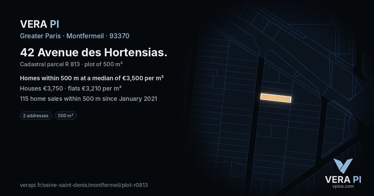 42 Avenue des Hortensias, Montfermeil at night – the plot lit, the parcels around coloured by the prices near them