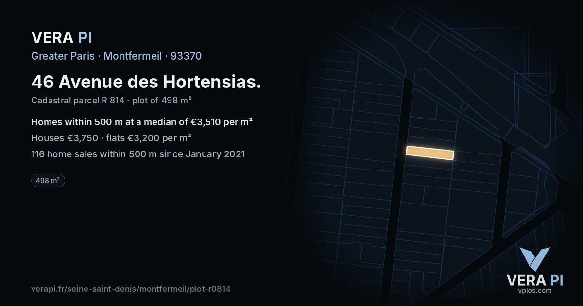 46 Avenue des Hortensias, Montfermeil at night – the plot lit, the parcels around coloured by the prices near them