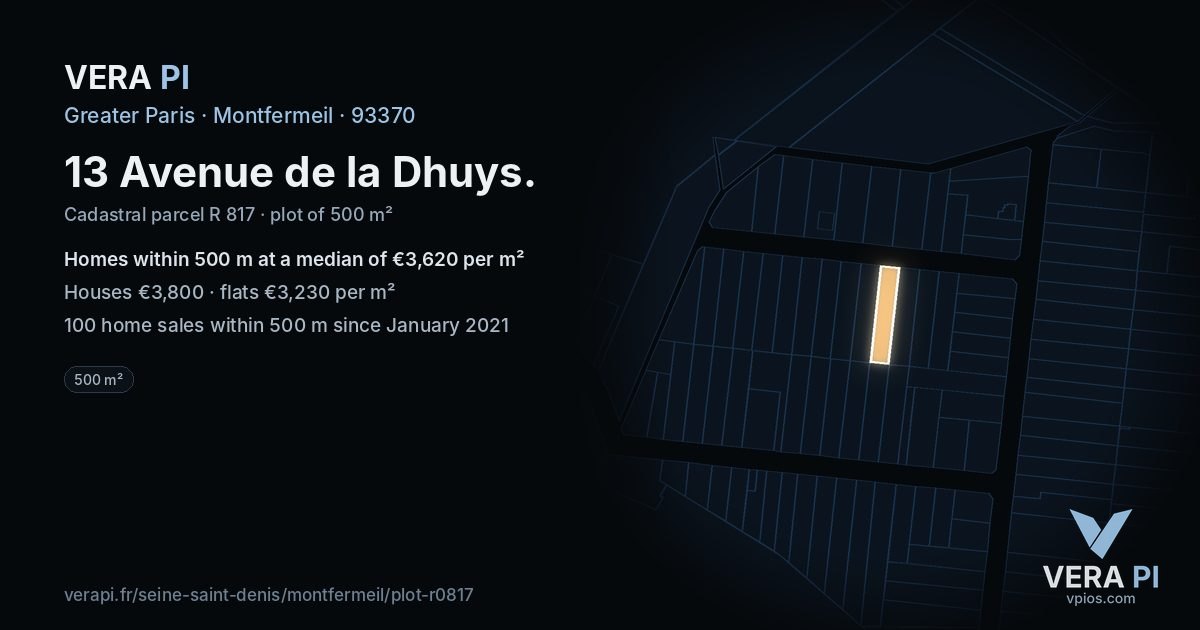 13 Avenue de la Dhuys, Montfermeil at night – the plot lit, the parcels around coloured by the prices near them