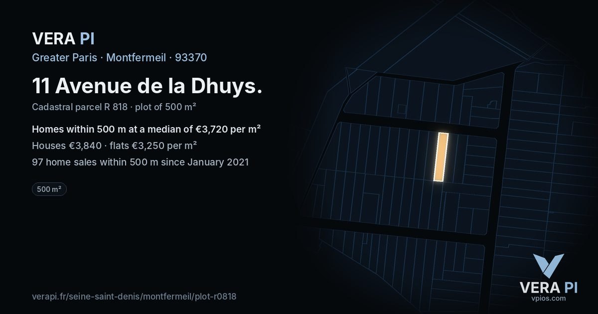 11 Avenue de la Dhuys, Montfermeil at night – the plot lit, the parcels around coloured by the prices near them