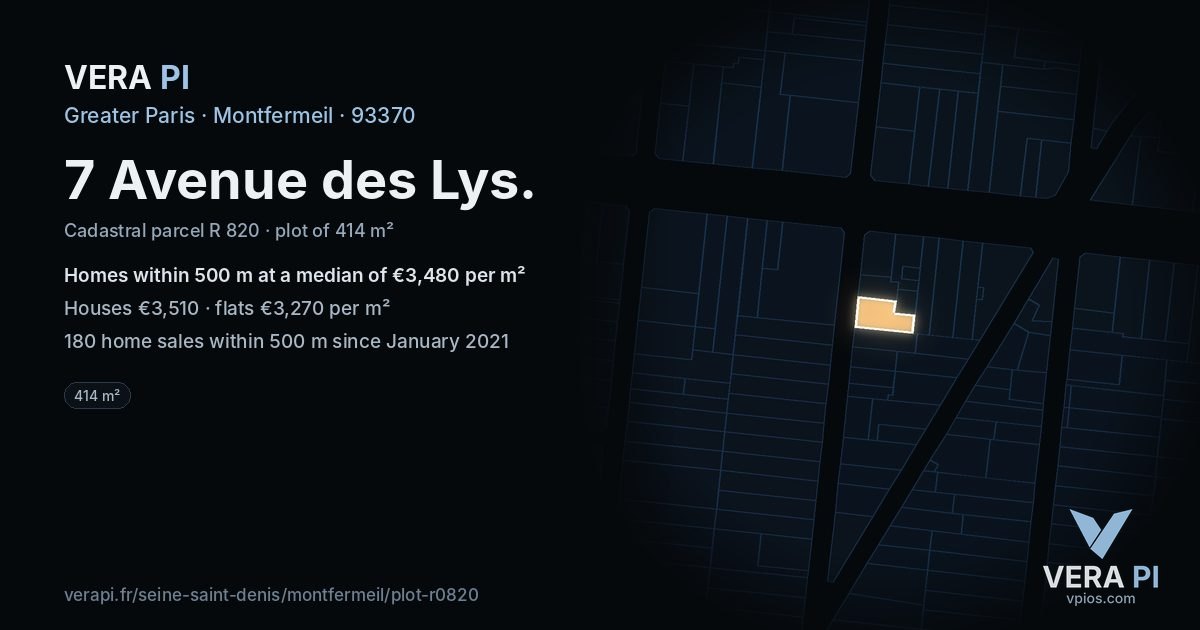 7 Avenue des Lys, Montfermeil at night – the plot lit, the parcels around coloured by the prices near them
