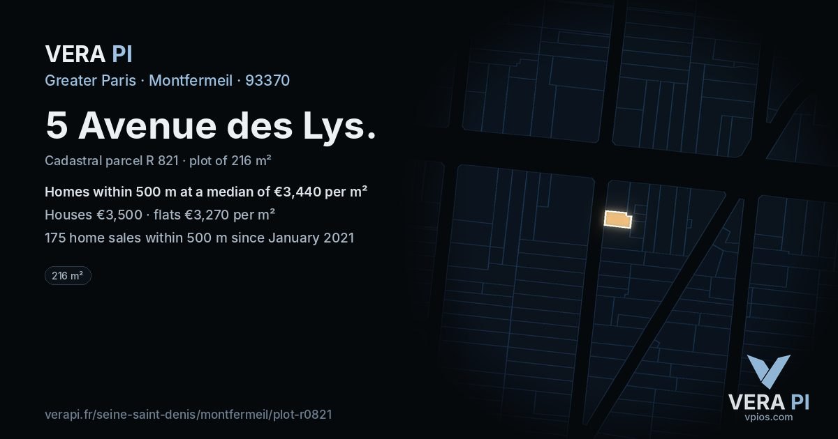 5 Avenue des Lys, Montfermeil at night – the plot lit, the parcels around coloured by the prices near them
