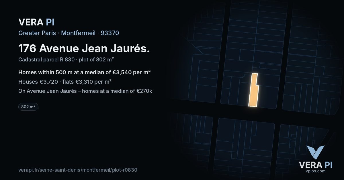 176 Avenue Jean Jaurés, Montfermeil at night – the plot lit, the parcels around coloured by the prices near them