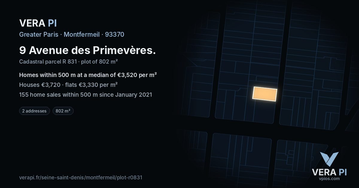 9 Avenue des Primevères, Montfermeil at night – the plot lit, the parcels around coloured by the prices near them