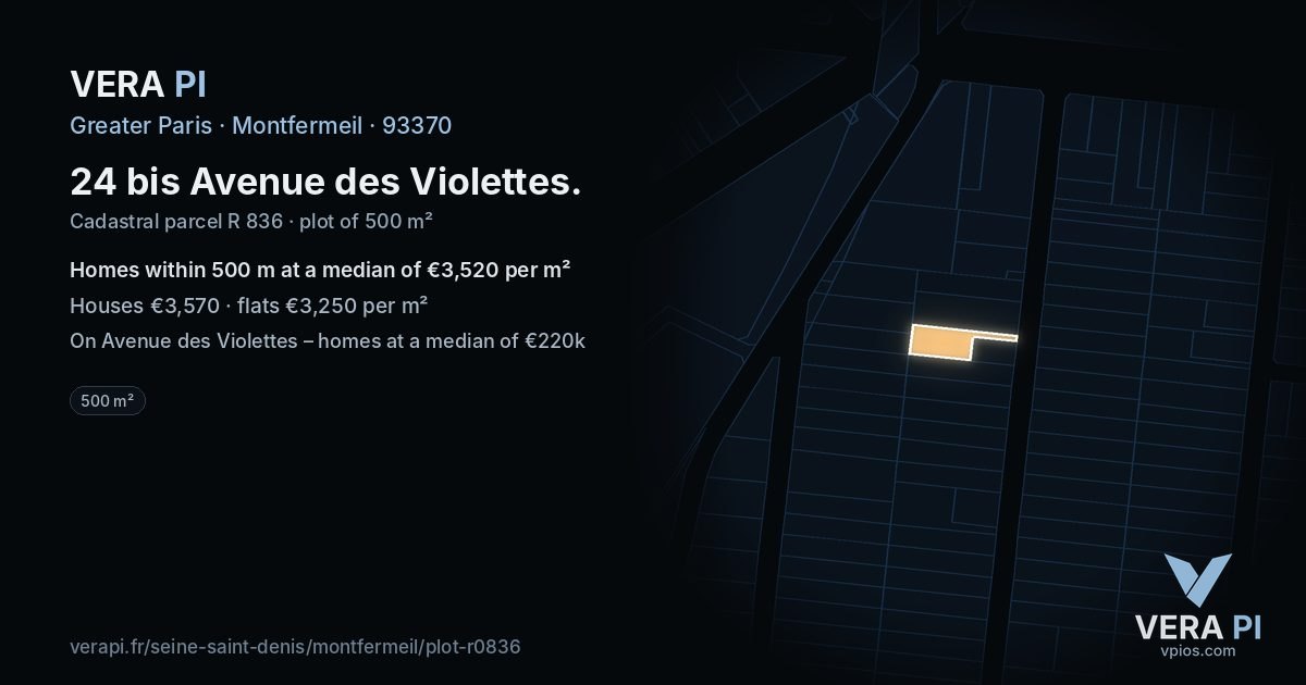 24 bis Avenue des Violettes, Montfermeil at night – the plot lit, the parcels around coloured by the prices near them