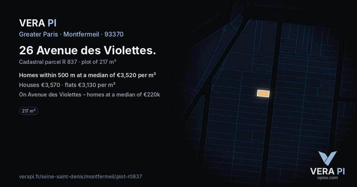 26 Avenue des Violettes, Montfermeil at night – the plot lit, the parcels around coloured by the prices near them