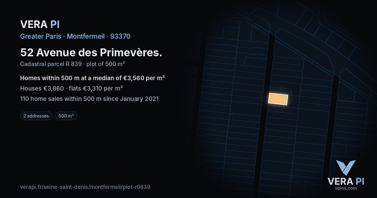 52 Avenue des Primevères, Montfermeil at night – the plot lit, the parcels around coloured by the prices near them
