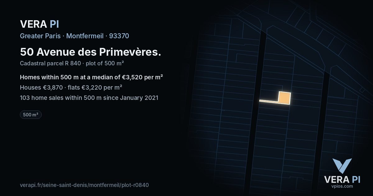 50 Avenue des Primevères, Montfermeil at night – the plot lit, the parcels around coloured by the prices near them