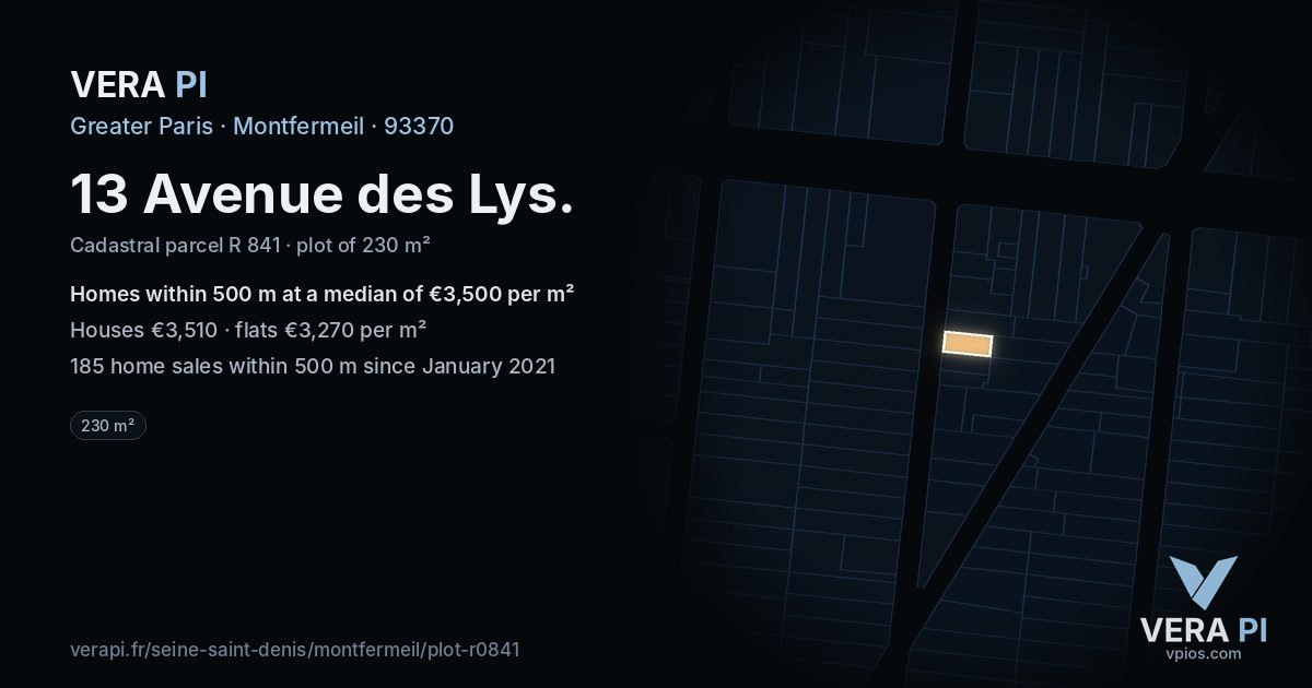 13 Avenue des Lys, Montfermeil at night – the plot lit, the parcels around coloured by the prices near them