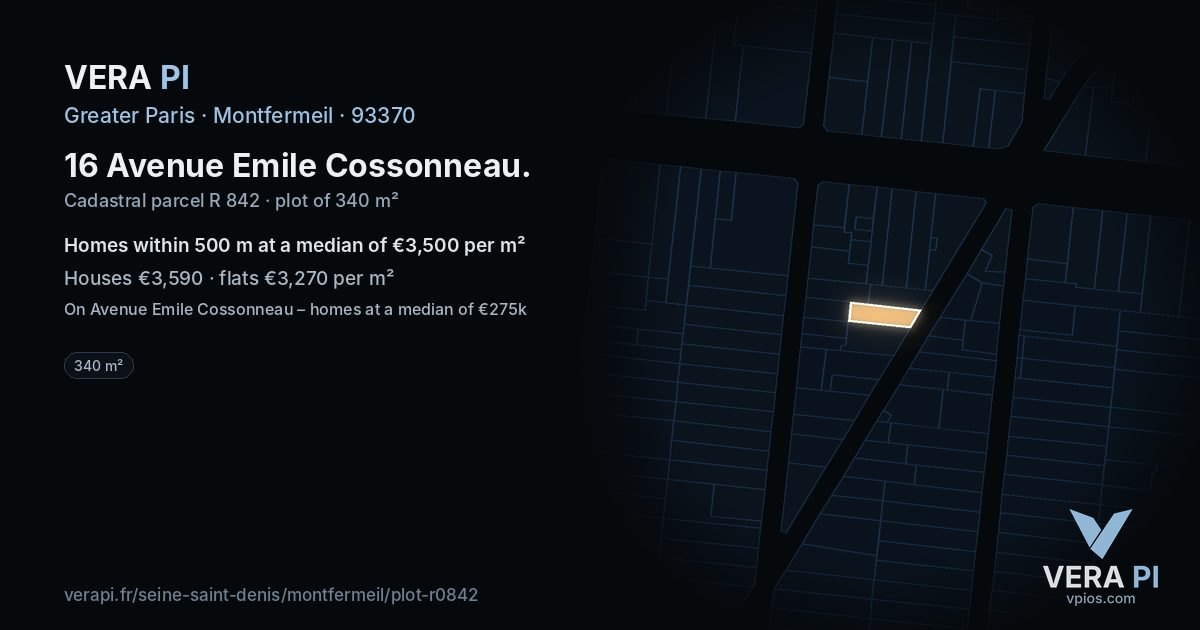 16 Avenue Emile Cossonneau, Montfermeil at night – the plot lit, the parcels around coloured by the prices near them