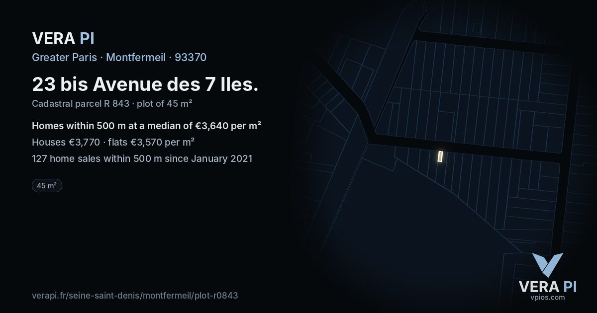 23 bis Avenue des 7 Iles, Montfermeil at night – the plot lit, the parcels around coloured by the prices near them