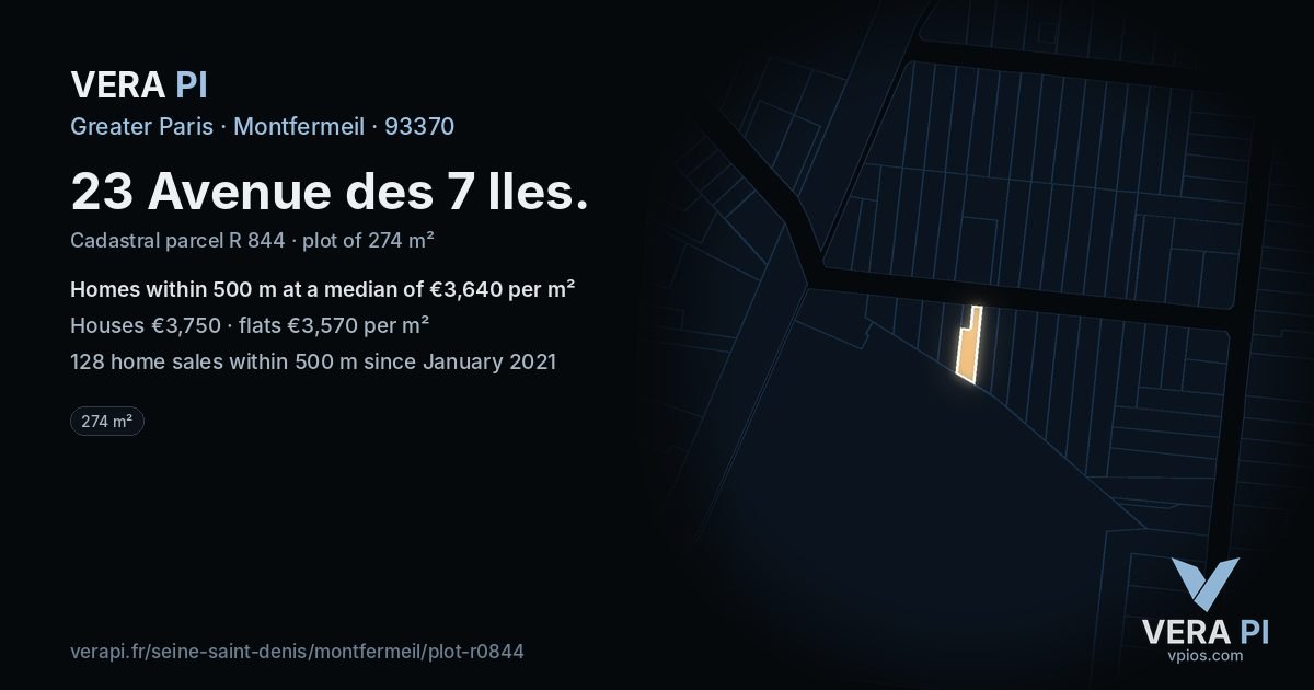 23 Avenue des 7 Iles, Montfermeil at night – the plot lit, the parcels around coloured by the prices near them