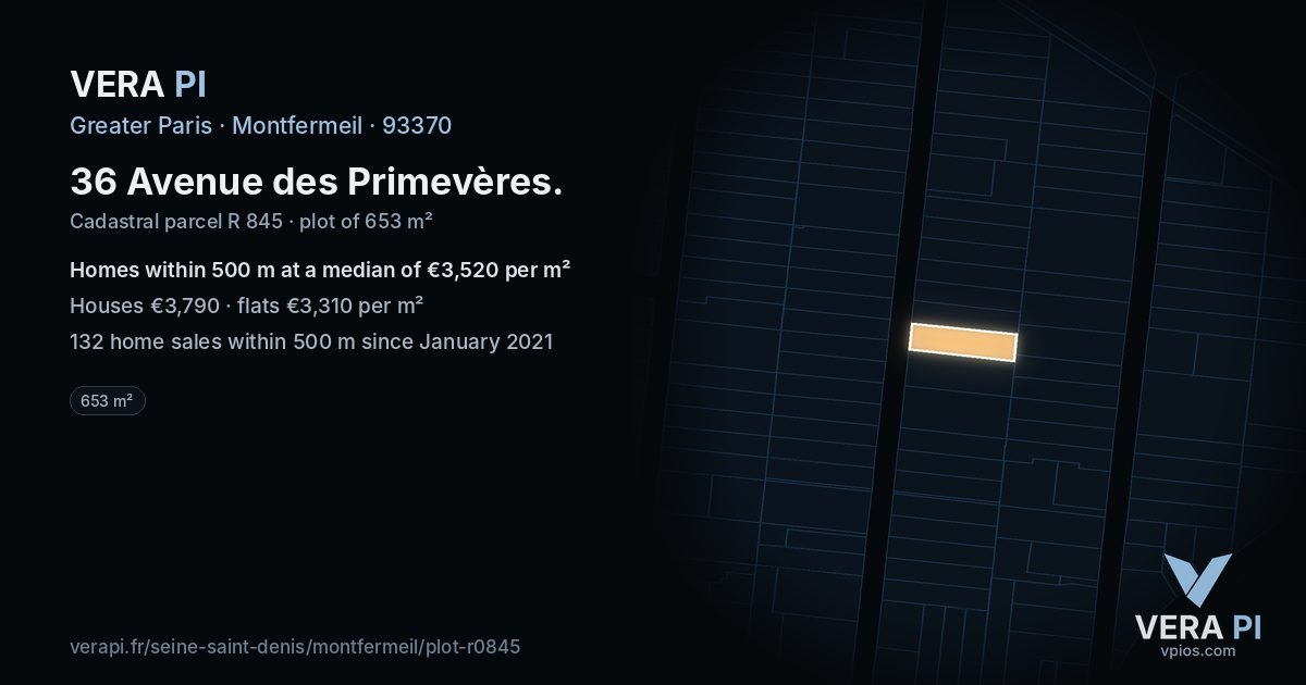 36 Avenue des Primevères, Montfermeil at night – the plot lit, the parcels around coloured by the prices near them