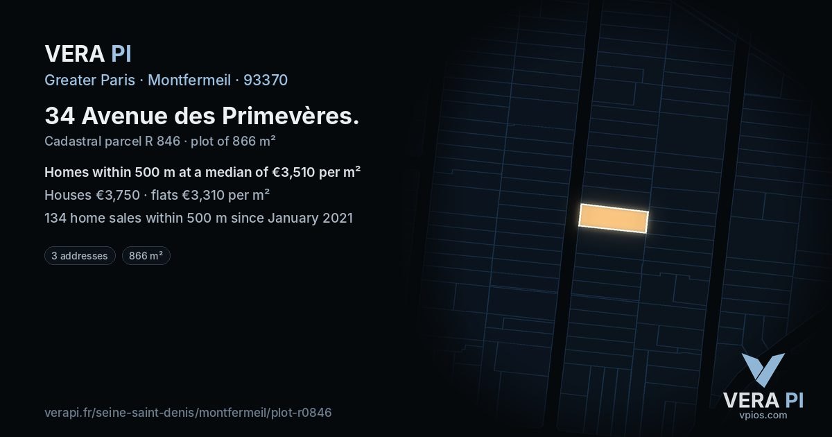 34 Avenue des Primevères, Montfermeil at night – the plot lit, the parcels around coloured by the prices near them