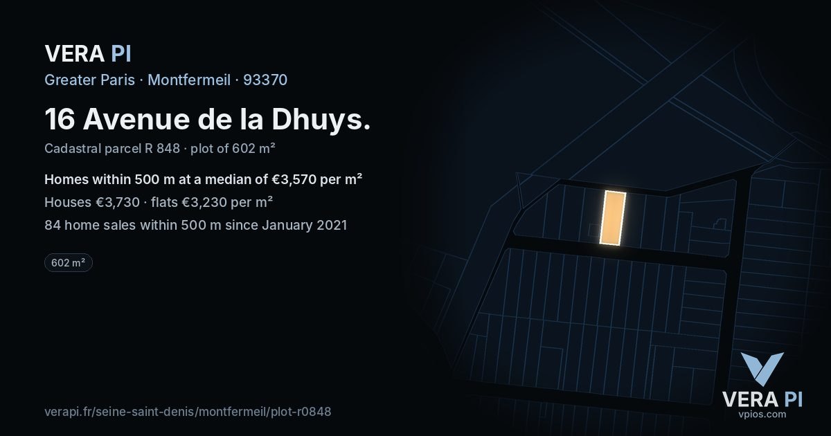 16 Avenue de la Dhuys, Montfermeil at night – the plot lit, the parcels around coloured by the prices near them
