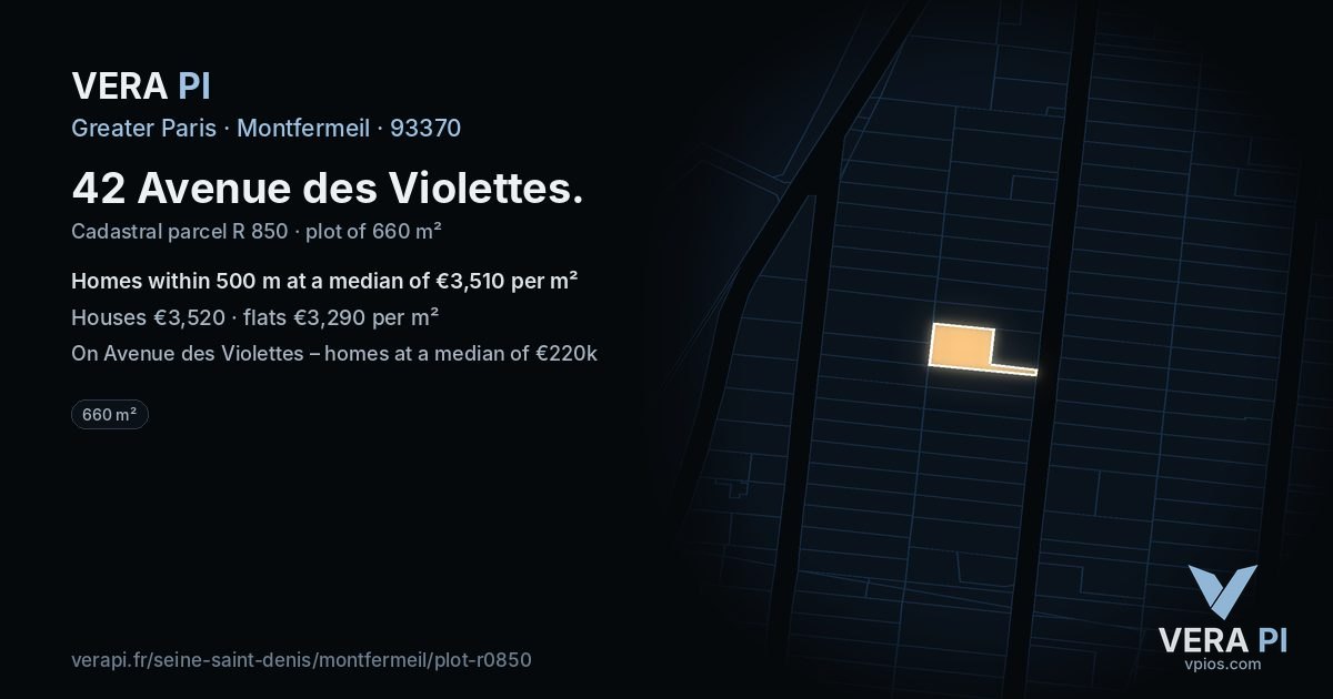 42 Avenue des Violettes, Montfermeil at night – the plot lit, the parcels around coloured by the prices near them