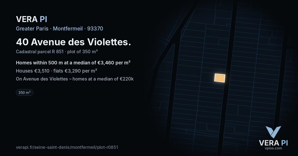 40 Avenue des Violettes, Montfermeil at night – the plot lit, the parcels around coloured by the prices near them