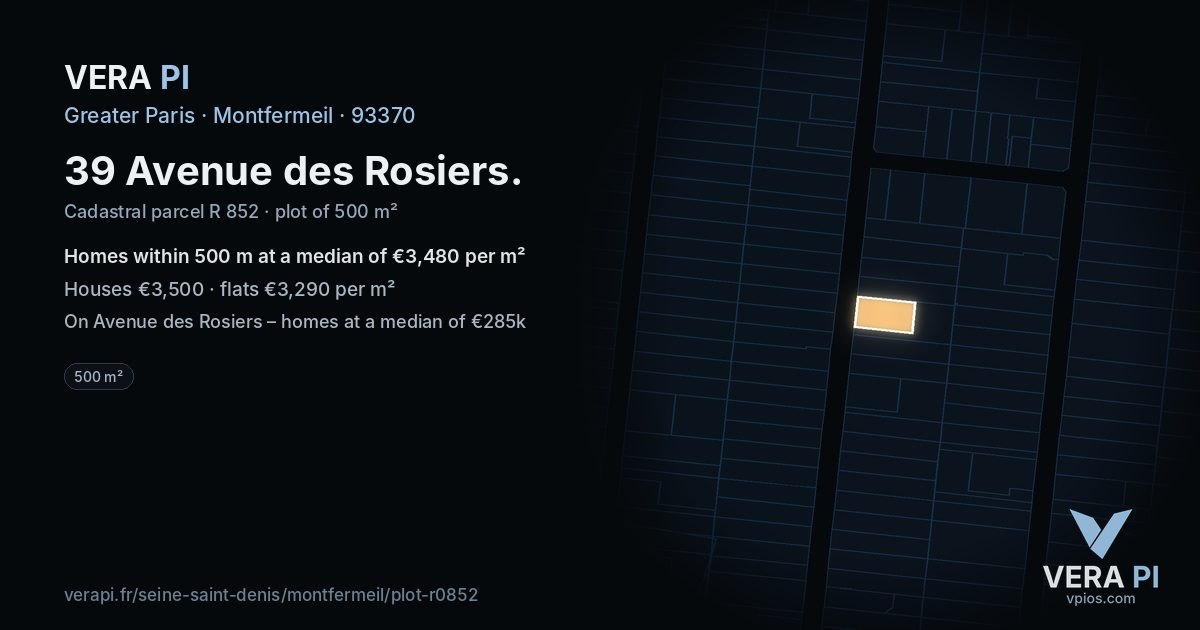 39 Avenue des Rosiers, Montfermeil at night – the plot lit, the parcels around coloured by the prices near them