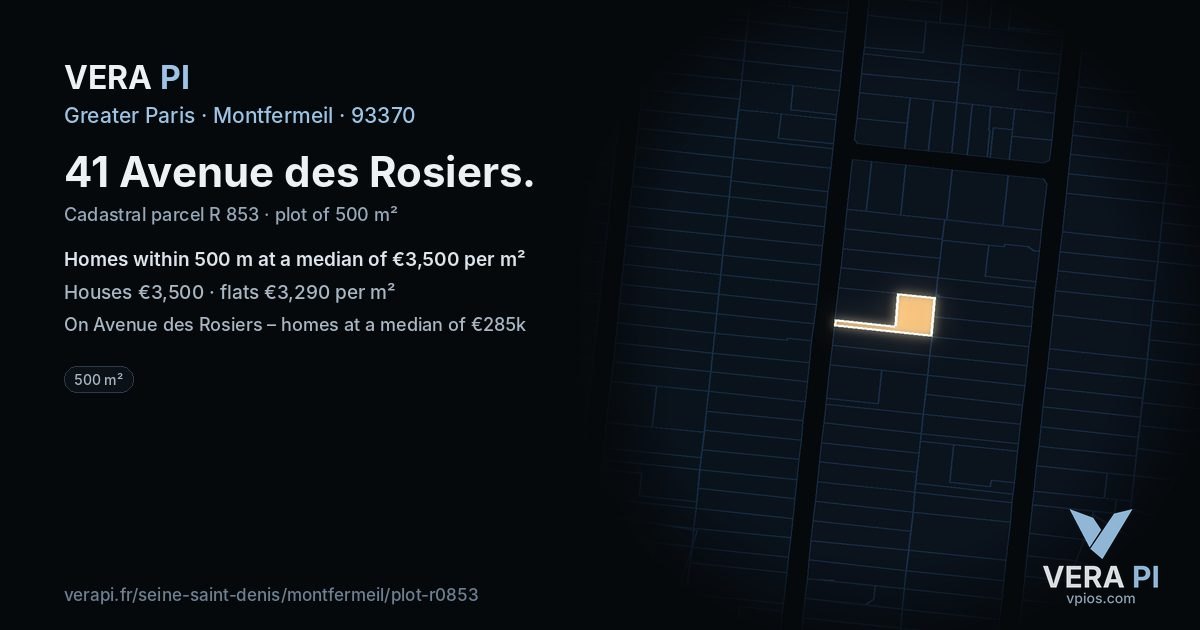 41 Avenue des Rosiers, Montfermeil at night – the plot lit, the parcels around coloured by the prices near them