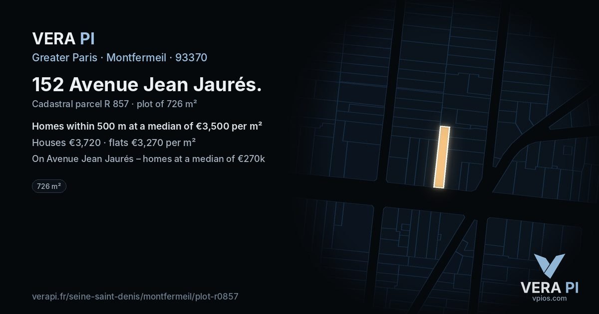 152 Avenue Jean Jaurés, Montfermeil at night – the plot lit, the parcels around coloured by the prices near them