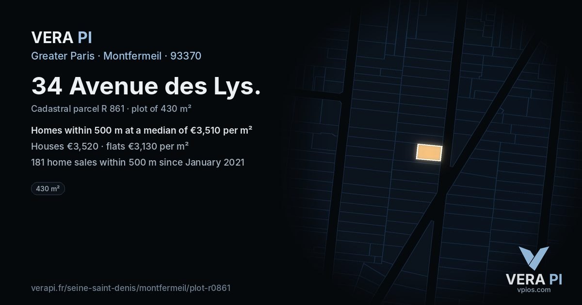 34 Avenue des Lys, Montfermeil at night – the plot lit, the parcels around coloured by the prices near them