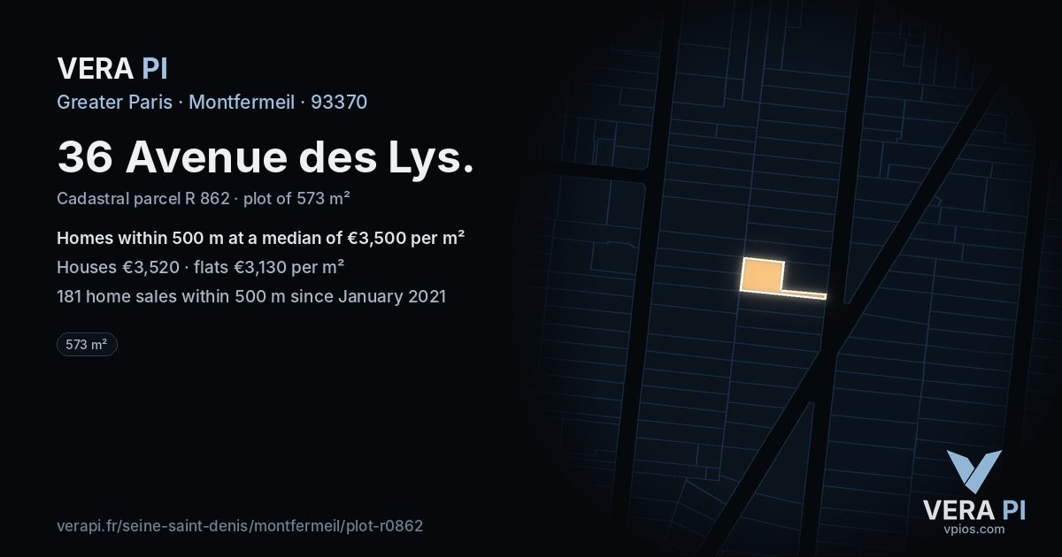 36 Avenue des Lys, Montfermeil at night – the plot lit, the parcels around coloured by the prices near them