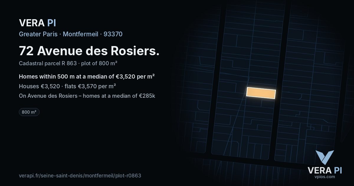 72 Avenue des Rosiers, Montfermeil at night – the plot lit, the parcels around coloured by the prices near them