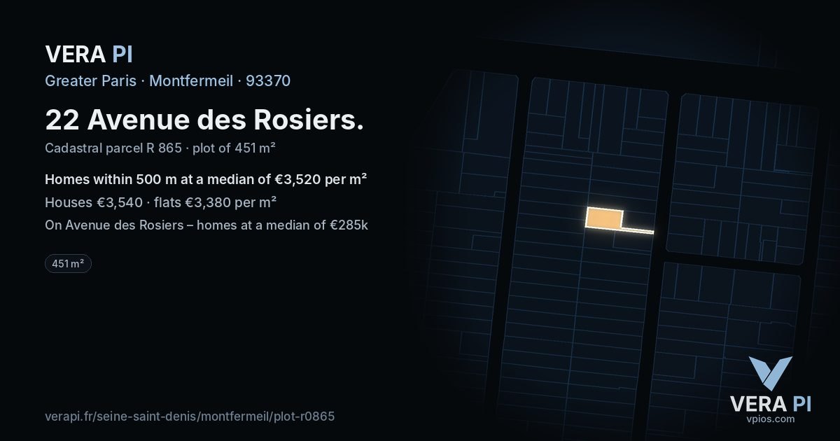 22 Avenue des Rosiers, Montfermeil at night – the plot lit, the parcels around coloured by the prices near them