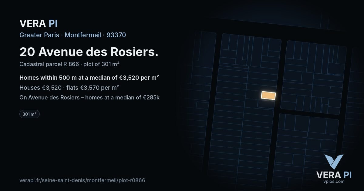 20 Avenue des Rosiers, Montfermeil at night – the plot lit, the parcels around coloured by the prices near them