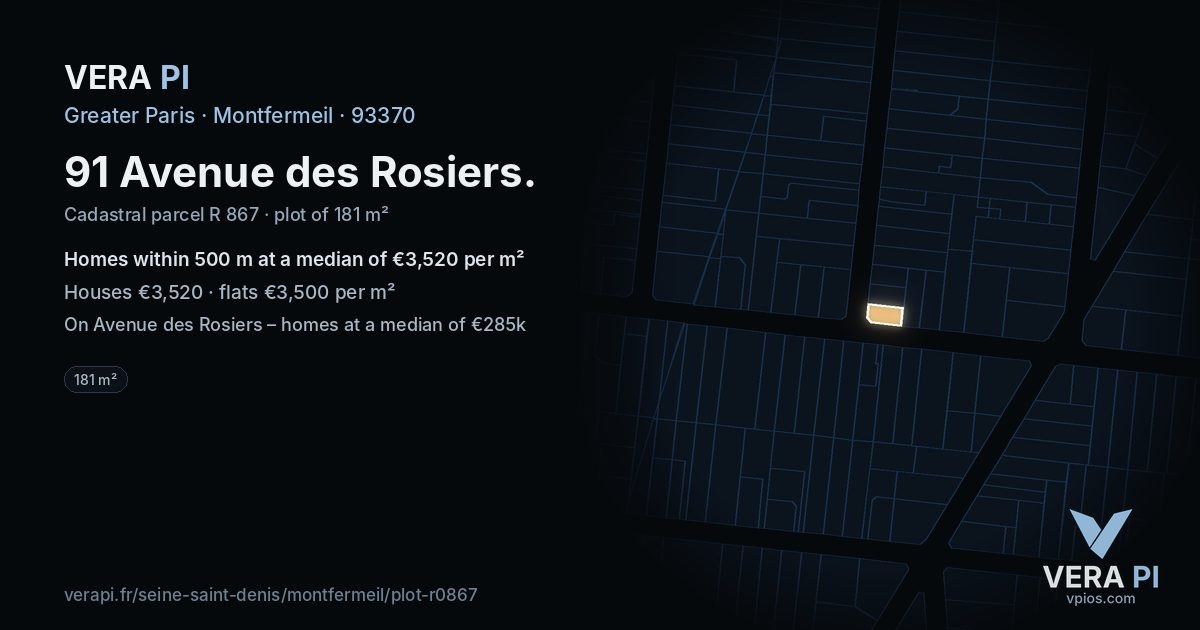 91 Avenue des Rosiers, Montfermeil at night – the plot lit, the parcels around coloured by the prices near them