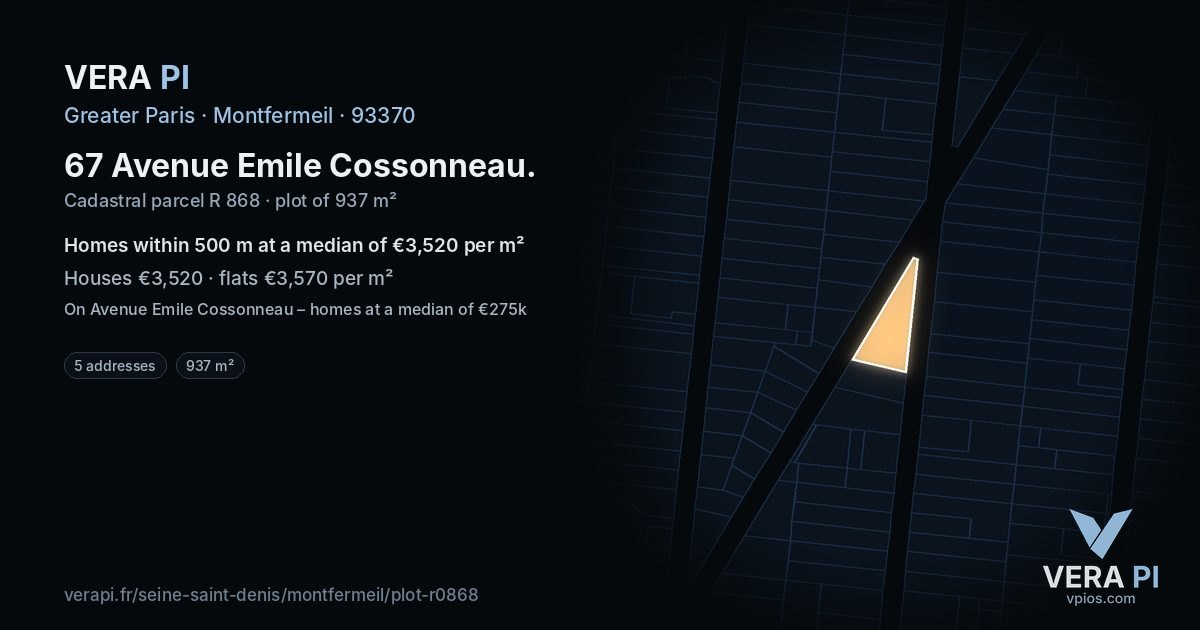 67 Avenue Emile Cossonneau, Montfermeil at night – the plot lit, the parcels around coloured by the prices near them