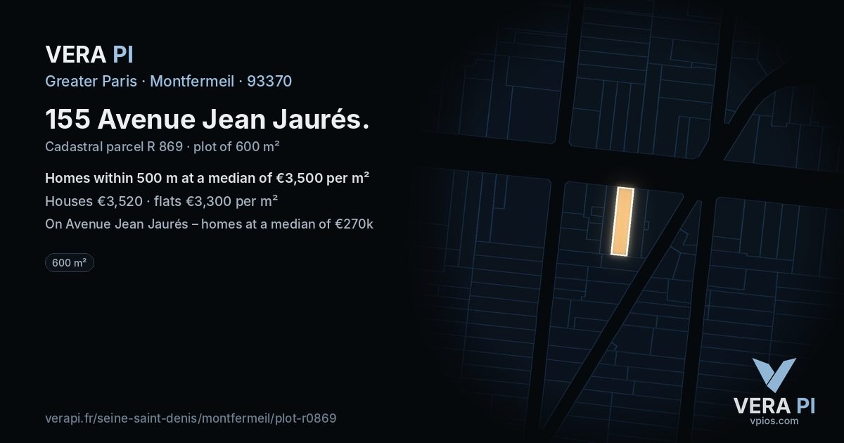 155 Avenue Jean Jaurés, Montfermeil at night – the plot lit, the parcels around coloured by the prices near them