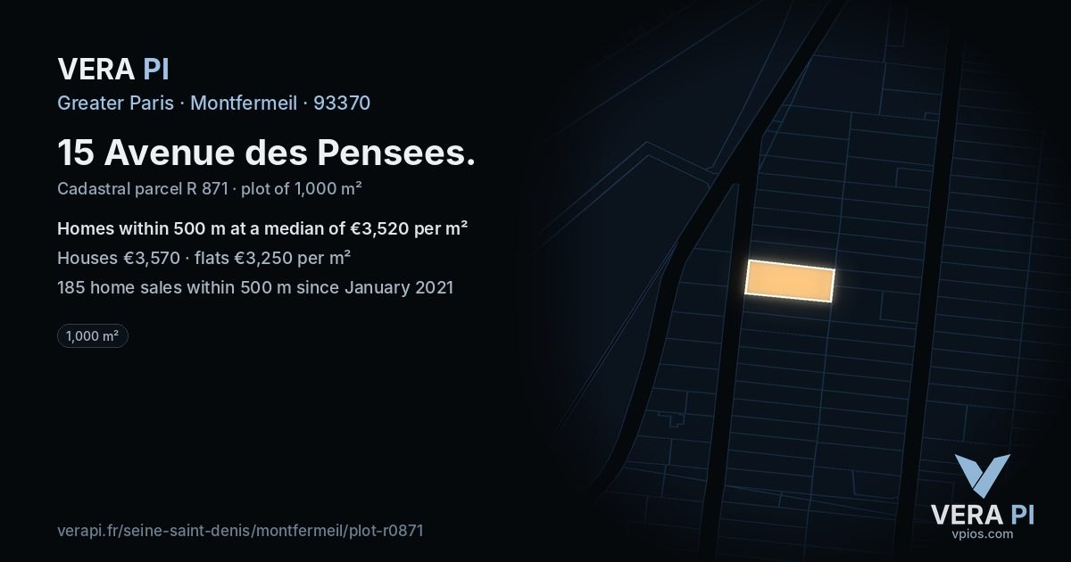 15 Avenue des Pensees, Montfermeil at night – the plot lit, the parcels around coloured by the prices near them