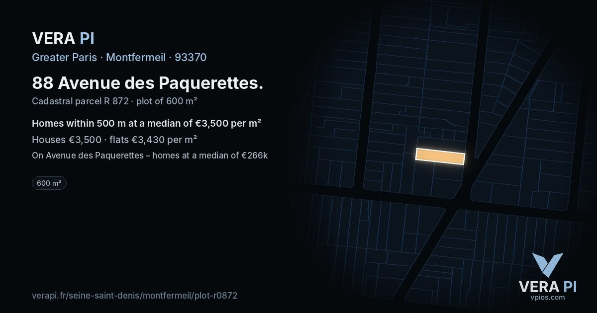 88 Avenue des Paquerettes, Montfermeil at night – the plot lit, the parcels around coloured by the prices near them