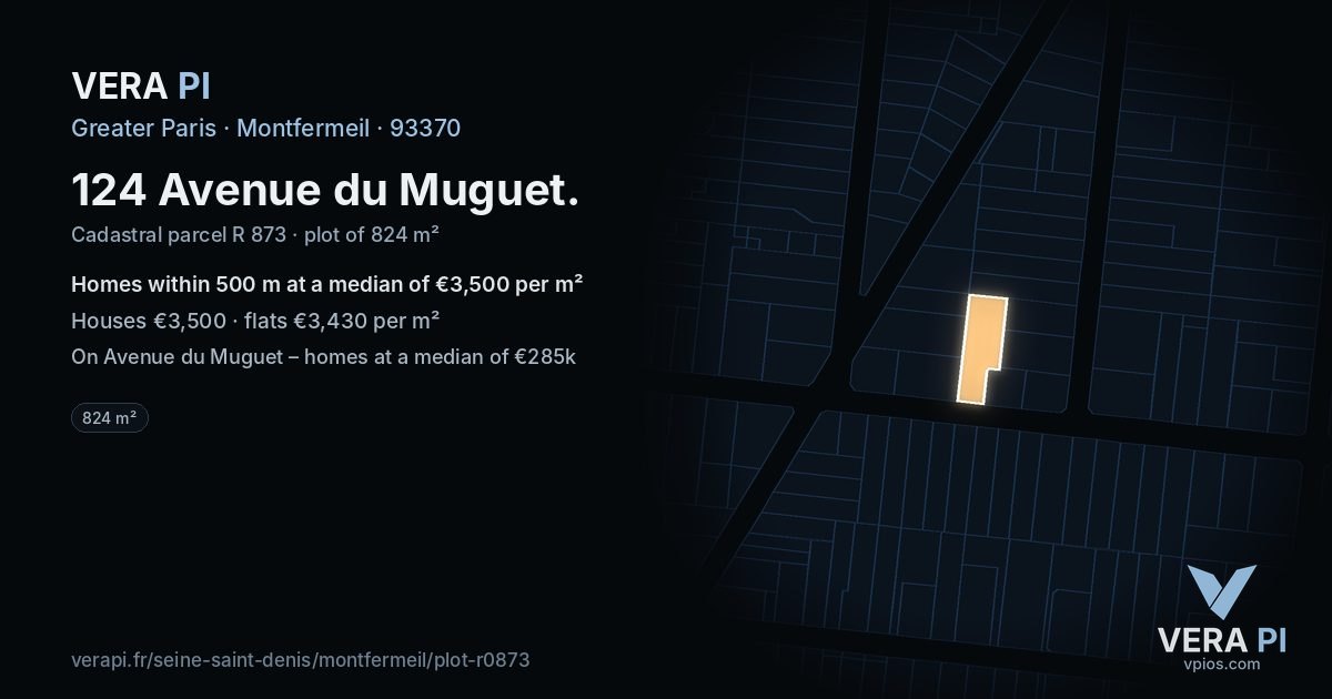 124 Avenue du Muguet, Montfermeil at night – the plot lit, the parcels around coloured by the prices near them