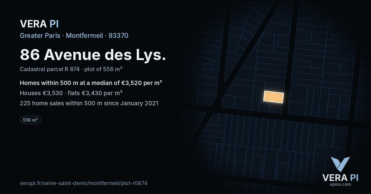 86 Avenue des Lys, Montfermeil at night – the plot lit, the parcels around coloured by the prices near them