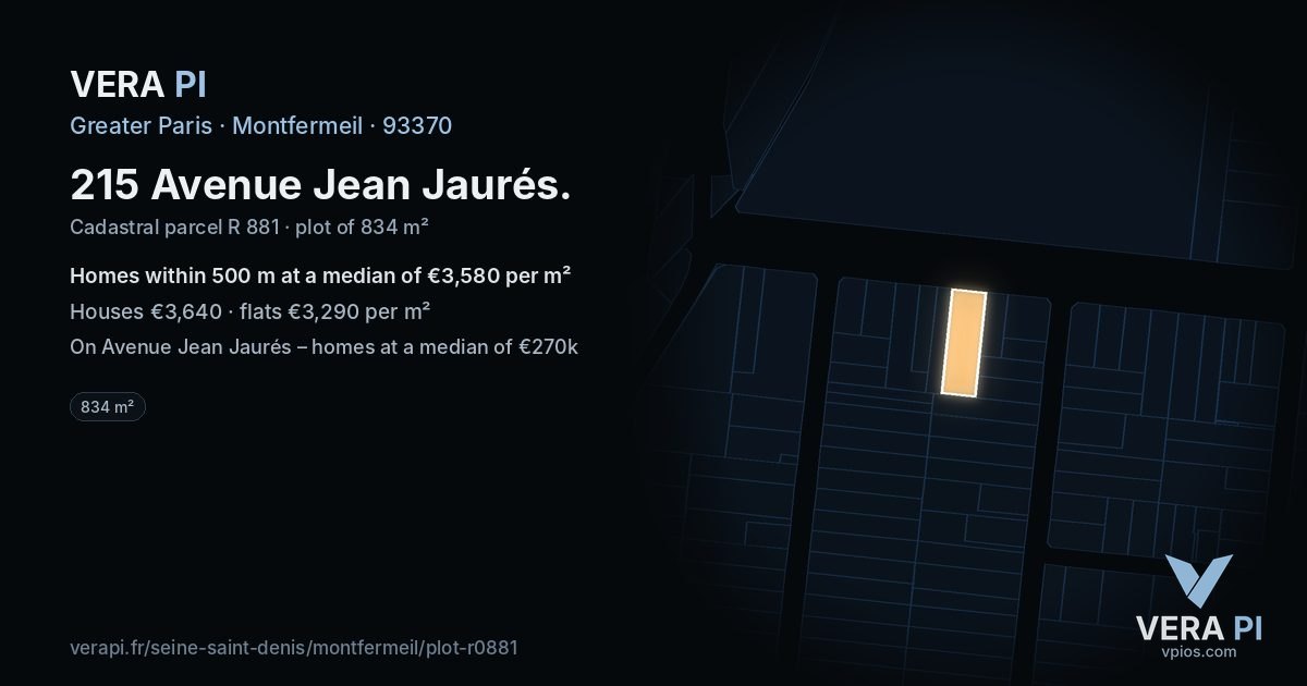 215 Avenue Jean Jaurés, Montfermeil at night – the plot lit, the parcels around coloured by the prices near them
