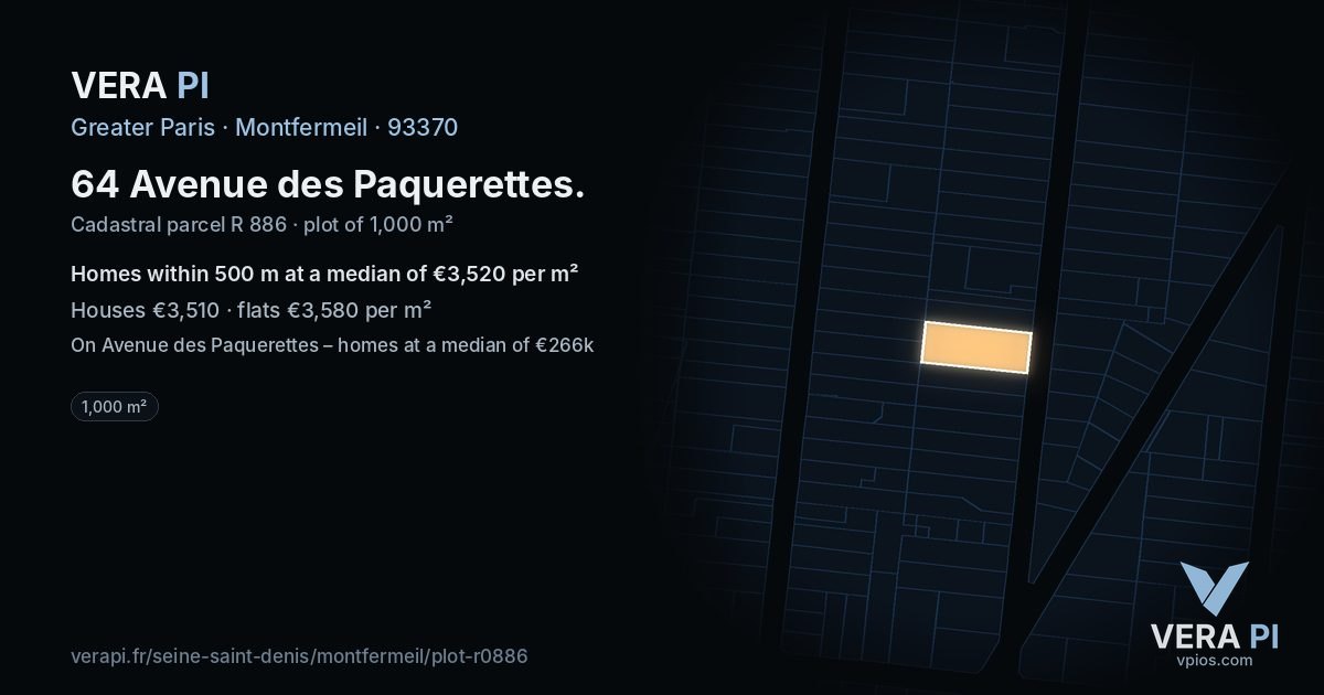 64 Avenue des Paquerettes, Montfermeil at night – the plot lit, the parcels around coloured by the prices near them